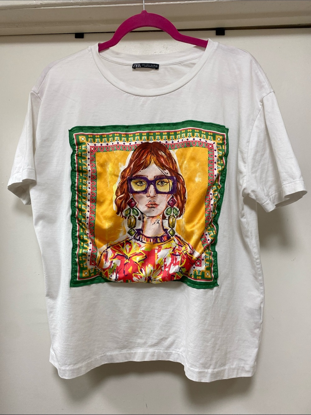 Zara White Tee with Colorful Portrait Panel (Green & Gold Accents)